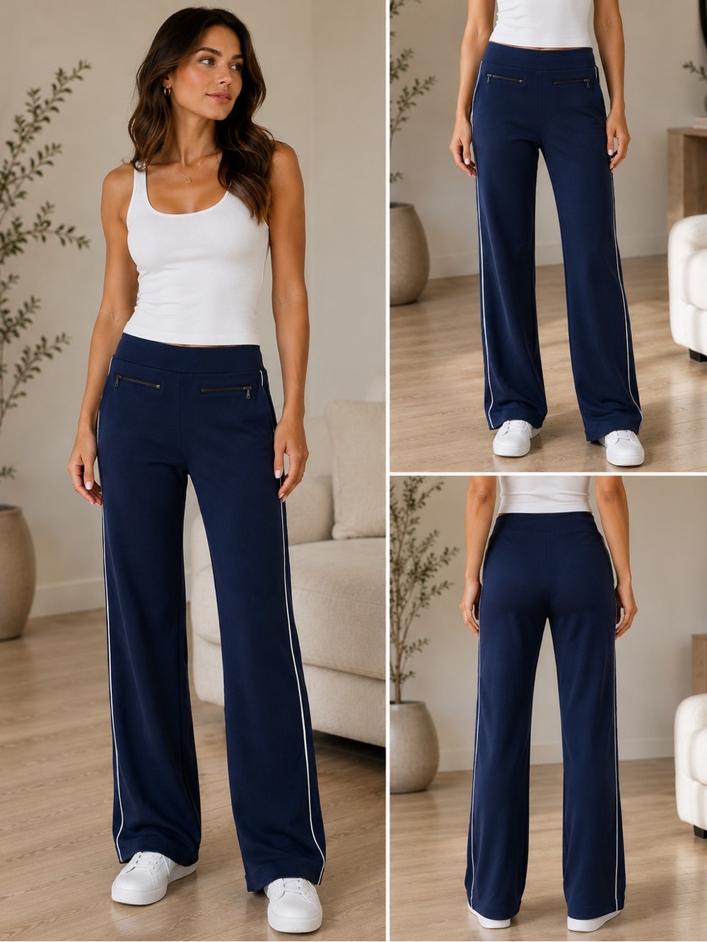 SPANX Navy Wide-Leg Track Pants with White Side Stripe